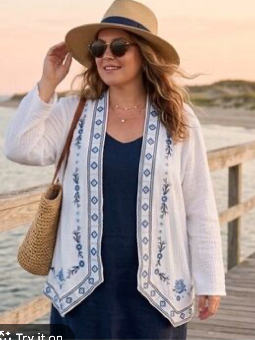 Cynthia Rowley White 100% cotton kimono cardigan with Blue Embroidery Size XL